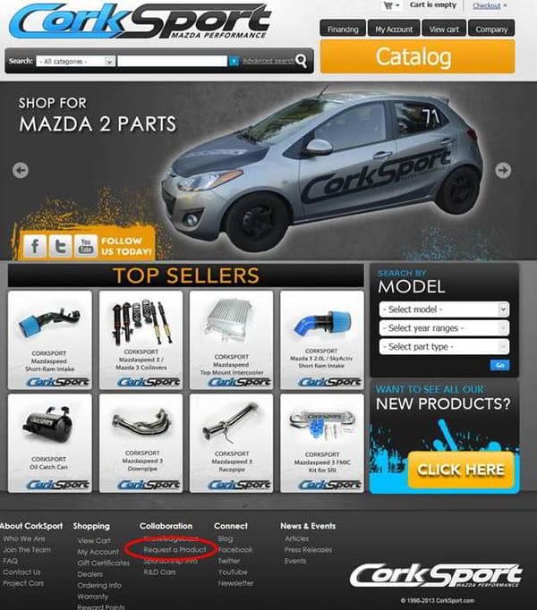 Picture of CorkSport Mazda Performance website with link to collaboration highlighted